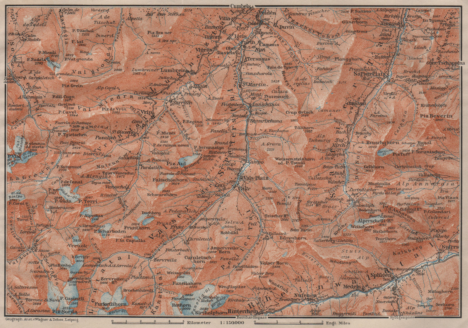 LUGNETZTAL SURSELVA. Valserrhein Furketlihorn Hinterrhein Splügen 1911 old map
